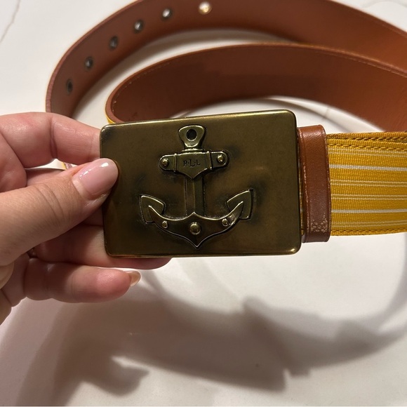 Vintage Lauren Ralph Lauren Brass Anchor Buckle Leather Belt XL Yellow Stripes - Picture 2 of 6